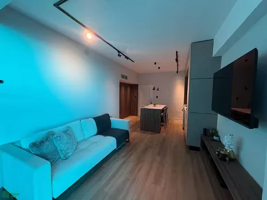 Bright open living room with sofa